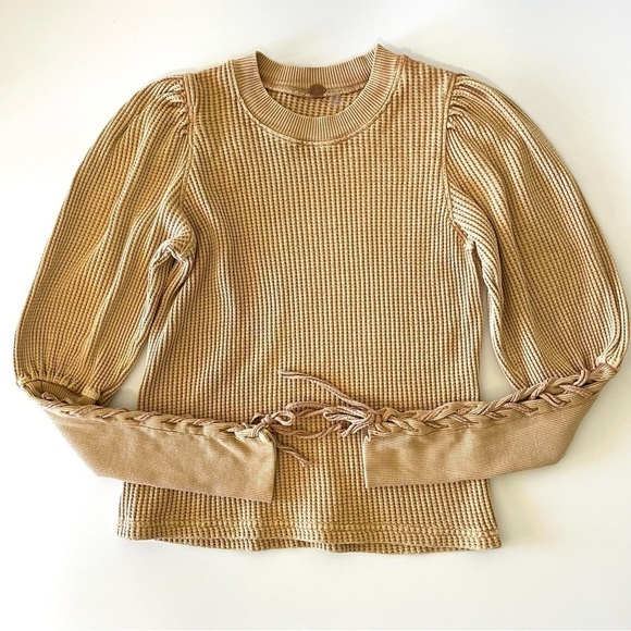 Free People One Tasha Thermal Waffle Knit Lace Up Puff Sleeve Top Dark Yellow XS - Picture 12 of 15